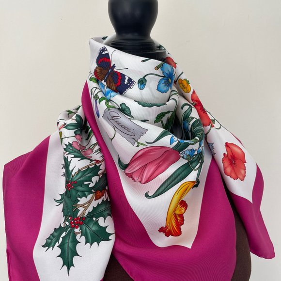New Gucci Scarf Floral 1 Print Iconic Multicolor Pink Border Silk Wrap - Picture 11 of 15